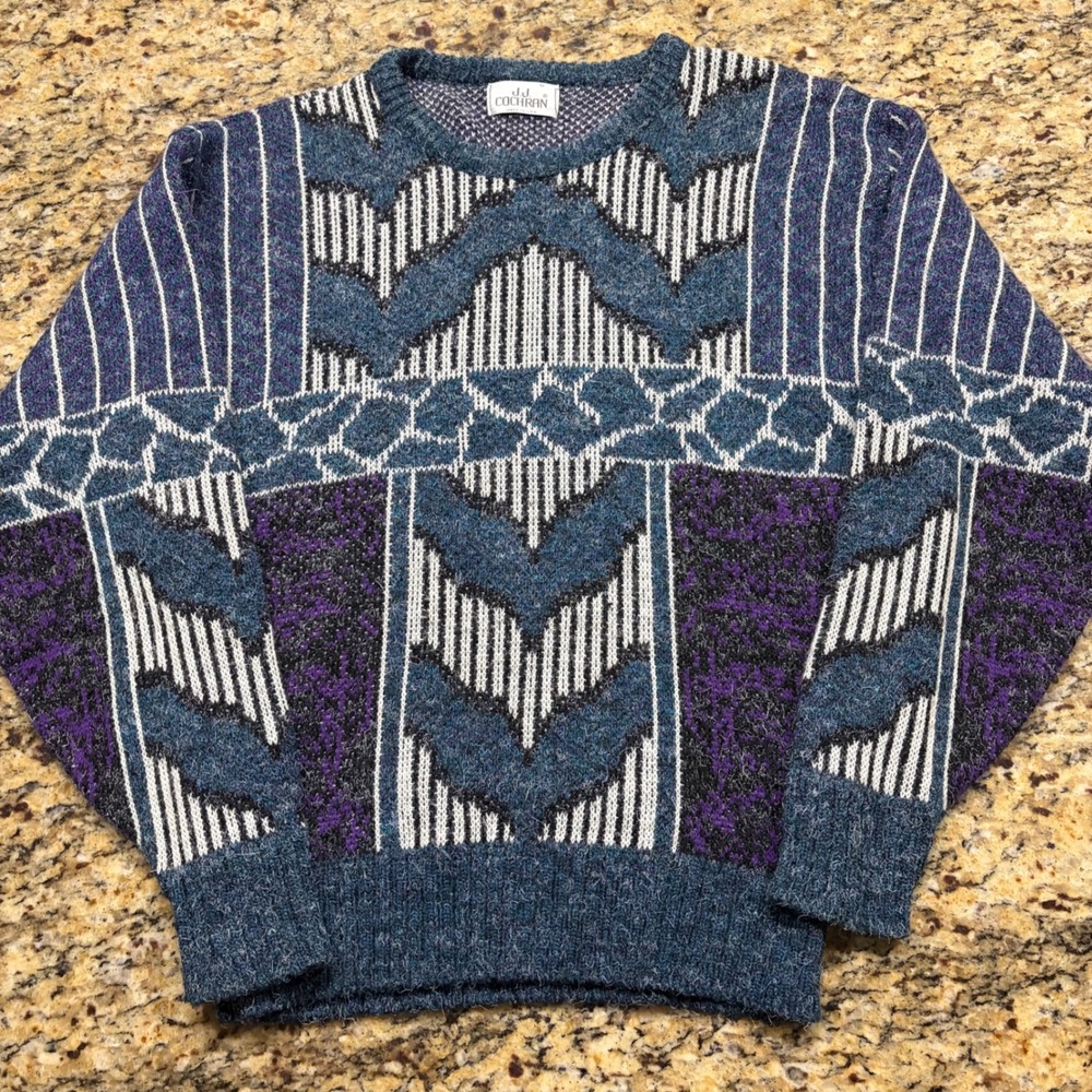 Vintage JJ Cochran Mens Blue Purple Multi Pattern Knit Sweater Made USA M v
